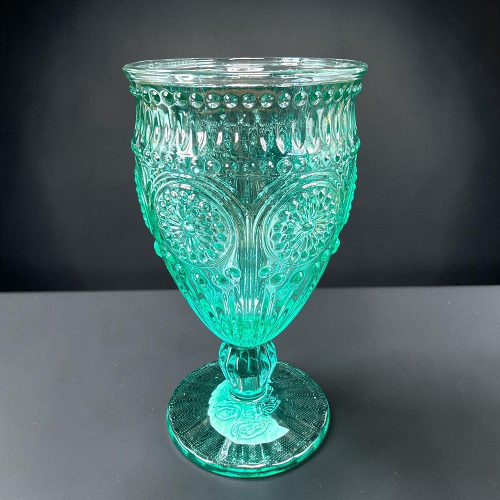 Pioneer Woman Adeline Teal Green Glass Goblet 12oz Embossed Floral New w Tag